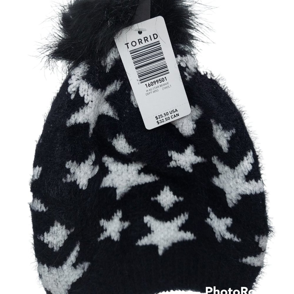 Torrid Star Beanie with Faux Pom Black/White NWT